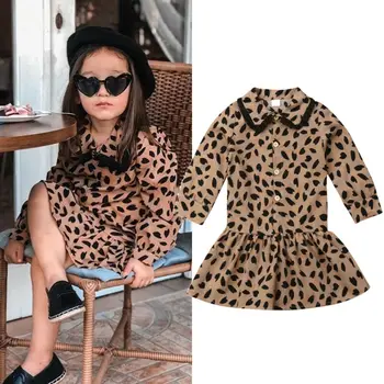 Baby Dekle Leopard Natisniti Moda Obleke z Dolgimi Rokavi Čipke Stranka Tutu princesa Obleko Lutka ovratnik gumb obleko