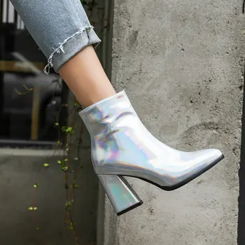 Sianie Tianie 2020 pozimi lakasto PU usnje srebrna vijolična zlata ženska, čevlji škorenjčki moda blok visokih petah ženske škornji
