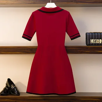 Plus Velikost Poletje Obleko 2020 Novi Modi, Rdeče Črne barve Ovratnik, Kratkimi Rokavi Dvojno Zapenjanje ženska Oblačila Obleke