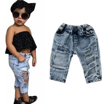 Nova Moda Otroci Dekleta Popravek Traper Hlače Stretch Elastične Hlače Jeans Raztrgane Obleke Obliž