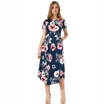 2020 Novo Pomlad Poletje Boho A-Line O-Neck Ženske Obleke Cvetlični Naguban Sredi Tele Priložnostne Obleko Lady Ženska Obleka z Zadrgo GV879