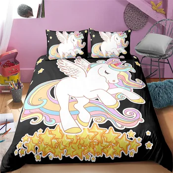 3D Samorog Posteljnina Nabor Otroci Odeja Pokriva & Pillowcases 3pcs Rainbow Unicorn Rjuhe Kritje Nastavite Dvojno velikost bedclothes postelja kritje