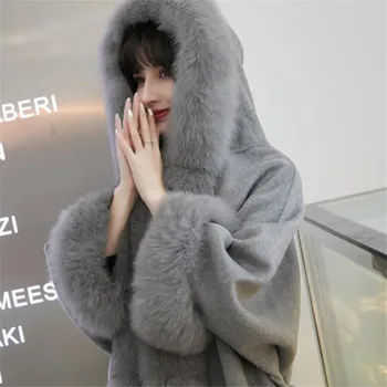 2020 pozimi novi korejski dvostranski alpake plašč, šivanje, lisica krzno plašč dvostranski tweed mid-dolžina obavijen plašč ženske