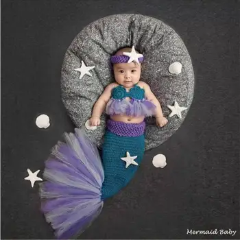 Nov prihod Novorojenčka fotografija rekviziti morska deklica kostum glavo +modrc+rep ročno bombažna preja pletenje obleke 0-1 M ali 3-4M