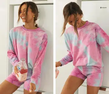 Ženske Pižame Nastavite 2020Summer Priložnostne Svoboden Tie Dye T-Shirt Hlače Dva Kosa Obleko Sleepwear Za Samice Bombaž Homewear