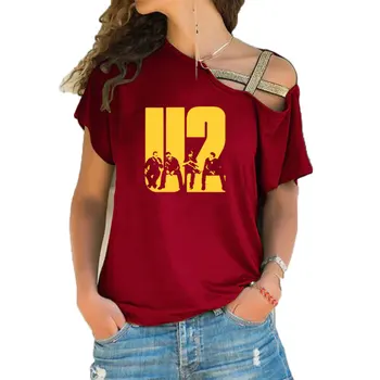 Nov Poletni Lep U2 band tiskanje T Shirt Ženske Kratek Rokav Hip Hop Rock Dekleta T-shirt Nezakonitih Skew Križ Povoj Tee Vrhovi