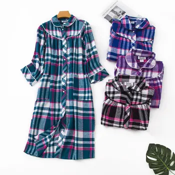 Shuchan Pomlad Jesen Plus Velikost Ženske Sleepwear Obleko S 3/4 Rokavi Bombaž Kariran Vsakdanje Nightgown Na Kolena Saias