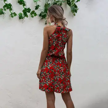 Cvetlični Obleka Ženske Seksi Brez Naramnic Priložnostne Cvet Lok Nazaj V Poletje Plaža Sundress Mini Kratek 2020 Trendy Rdeča Oblačila Za Ženske