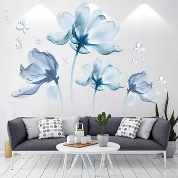 Modri Cvet Izmenljive Stenske Nalepke 3D Akvarel Črnilo Wall Art Decals Zidana Umetnosti za dnevno Sobo, Spalnica Dekoracijo Doma Dekor