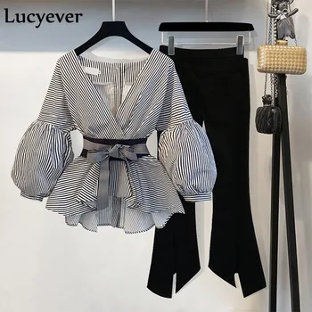 Lucyever Seksi proti-vrat ženske, dva kosa določa moda pomlad tunika črtaste srajce & črne hlače ženske obleke korejski obleki plus velikost