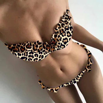 Novi Seksi Čipke Ogrlicom bikini 2019 Ženske kopalke Bandeau Ženske Kopalke Dveh kosov bikini komplet Modrc pokal Leopard kopalke