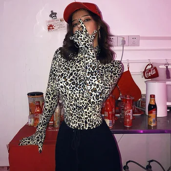 BOOFEENAA Cheetah Tiskanja Rokavice, Obleka, Ženska Visoko Vratu Dolg Rokav Vrhovi Pade Pozimi Moda Tesen Jumpsuit Clubwear C66-AZ57
