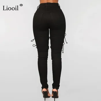 Liooil Plus Velikost Black Povoj Svinčnik Jeans Za Ženske 2021 Ulične Visoke Pasu Skinny Kavbojke Hlač Iz Votlih Seksi Traper Hlače