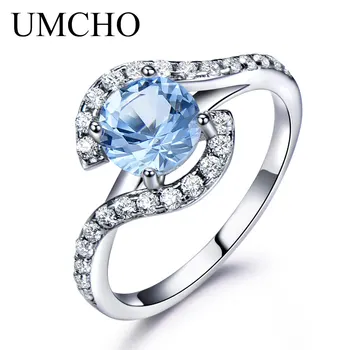 UMCHO Pravi 925 Sterling Silver Obroči Za Ženske Klasičnih Krog Ustvaril Nebo Modri Topaz Gemstone Poroko valentinov nakit Darilo