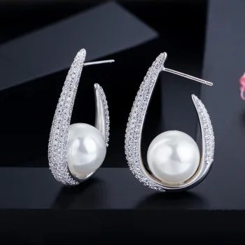 Moda Luksuzni 925 Trdna Sterling Silver Pearl Ustvarili Moissanite Gemstone, Poroke, Posla Fine Nakit Uhani Hoop