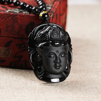 Črna Naravnega Kamna Obsidian Guanyin Buda Ogrlico, Obesek Za Moške In Ženske Srečo, Amulet Sreče Kristalni Nakit