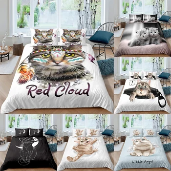 Mačka Muca Kitty Posteljnina Nabor Kraljica 3D Srčkan Natisnjeni Rjuhe Kritje Bedclothes 2/3pcs Tekstil Doma Luksuzni visoke Kakovosti Bedspread