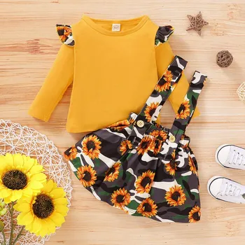Jeseni Baby Girl Obleke iztrgana Long Sleeve Solid Color T-shirt Bluzo+Sončnično Tiskanje Traku Krilo Priložnostne Obleke Set12