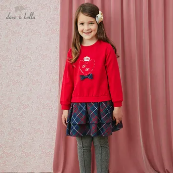 DKS14977 dave bella jeseni dekle moda lok kariran tiskanja mozaik draped obleko otroci sweet oblačenja otroci dojenčka lolita obleko