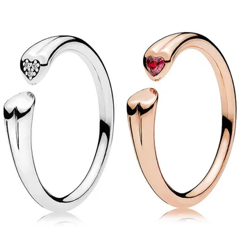 Rose Večno Ljubezen Dva Srca Z Rdečo Crystal Ring 925 Sterling Srebrni Prstan Za Ženske Svate Darilo Evropi Fine Nakit