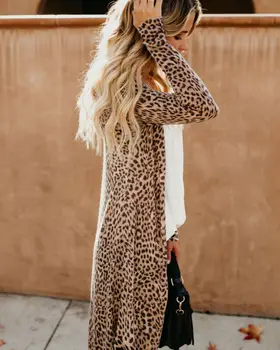 2019 Jeseni Jopico Ženska Moda Slim Leopard Kimono Jopico Odpri Prednji Boho Camo Dolgi Rokav, Dolge Maxi Jakno Plašč Womens