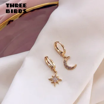 Trendy kubičnih cirkonij zlata luna zvezde visijo uhani, modni luksuzni majhne hoop uhani za ženske korejski nakit 2020