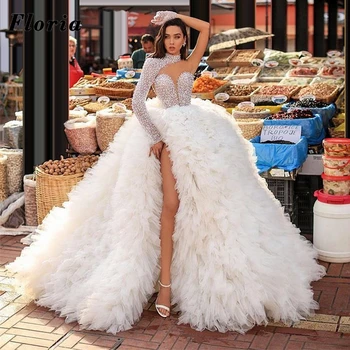 Dubaj Eno Ramo Stopenjski Poročne Obleke 2020 Po Meri Beaded Kristali Plus Velikost Poročne Halje, Obleke Neveste Vestido De Noiva