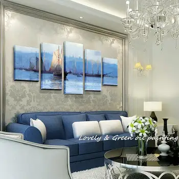 5 KOS Brezplačna Dostava Moderno Stensko Slikarstvo Modro morje, bele jadrnice oljna slika Domov Dekorativne Umetnosti Sliko Barve na Platno
