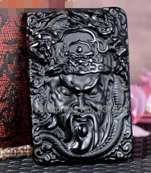 Lep Handwork Naravni Črni Obsidian, Vklesan Kitajski GuanGong Srečo, Amulet Obesek + Kroglice Ogrlica Modni Nakit