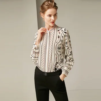 Ženske Bluza Naravna svila Urad Dama Bluze z Dolgimi rokavi Natisnjeni Bluzo za ženske Blusas femininas 2020 Nova