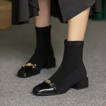 Moda Zimske Ženske Škornji Črni Stretch Jate Mozaik Priložnostne Lady Kovinske Verige Kvadratni Toe Srednje Pete Slip-on Kratek Boot