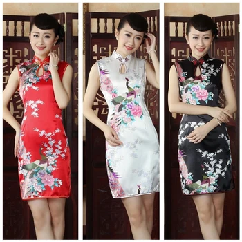 Ženske obleke Kitajski Poliester brez Rokavov Pav Stran za Tiskanje Rezalni Rob Cheongsam Mini Obleka ženska Oblačila femme haljo 2021