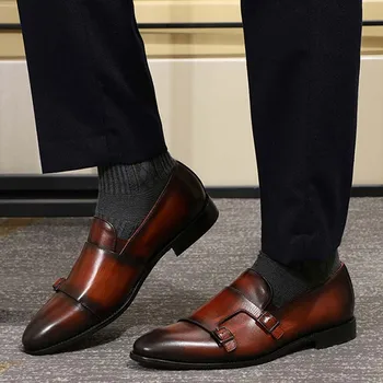 Moda Gospod Usnja Moške Menih Trak Loafer Čevlji Slip Za Elegantne Moške Obleko Čevlje Black Brown Dvojno Sponke Trak Mens Čevlji