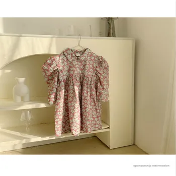 2021 Novega Dojenčka Dekleta Dolgo Puff Rokav Cvetlični Jopico Bombaž Princesa Obleke Moda Ruffles Otroci Obleko Oblačila