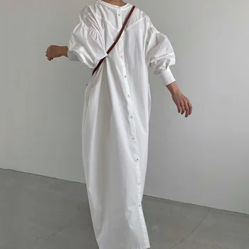Belo Obleko Eleganten Casual Ženske Jeseni Dolgimi Rokavi Ženske Svoboden Japonskem Slogu Korejski Dnevno Maxi Obleke Femme Vestiods 2020