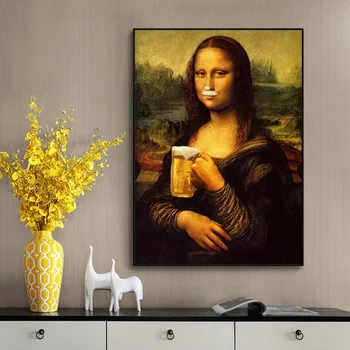 Humoreska Zabavno Mona Lisa Pitje Piva Platno Slikarstvo Plakatov in Fotografij Quadros Stenskih slikah, za Dnevni Sobi Doma Dekor Cuadros
