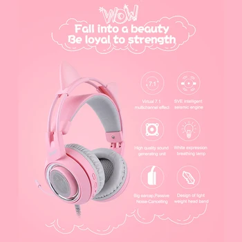 Somic G951 Roza USB, 7.1 Visoko kakovostne Virtualni Žične Slušalke Luštna Mačka Ušesa Nad Uho LED Stereo šumov Gaming Slušalke