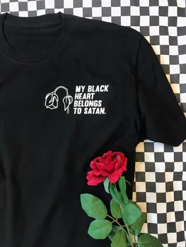 Moj Črno Srce Pripada Satanu, T-Shirt uveli mrtvih vstal, hudič lolita kawaii slogan grafični grunge tumblr estetske tees vrhovi