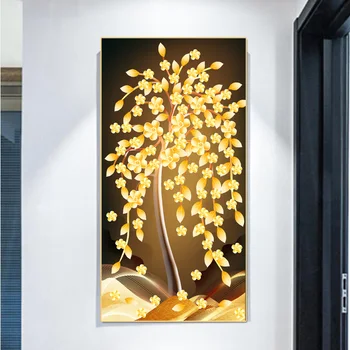 Sodobna svetlobno razkošje preprostega zlati listi fortune drevo sliko na platno wall art fotografij in plakatov dnevna soba verandi dekoracijo