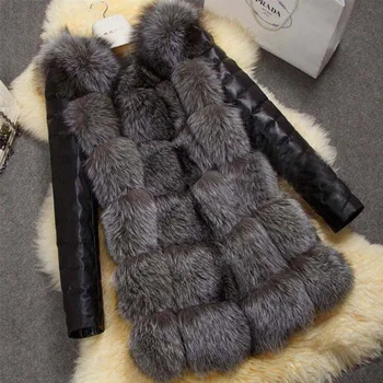2018 nove visoke imitacije srebrna lisica krzno plašč PU rokavi topel zimski plašč fox plašč velik metrov suknji specializiranimi za umetno krzno plašč ženska krzna