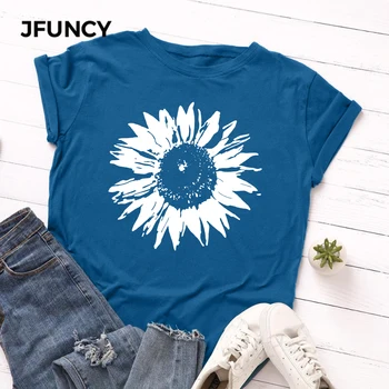 JFUNCY Plus Velikost S-5XL Ženske majice Ženski Kratek Rokav Tee Vrhovi Cvet Natisnjeni Ženska Priložnostne Tshirt 2020 Poletje Bombaž Majica s kratkimi rokavi