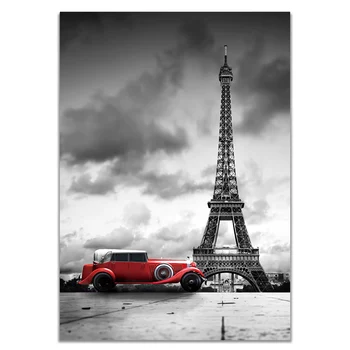 Nordijska Londonu, Parizu Stolp Krajine, Poster Tiskanje Črno Belo Ozadje, Rdeč Avto Slikarstvo Modularni Slika Domov Dekoracijo