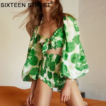 Nov Poletni ženska kratka top in kratke hlače tiskanim zelenim seksi dolg rokav poletje plaža obmorskih oblačila za ženske 2 kos določa