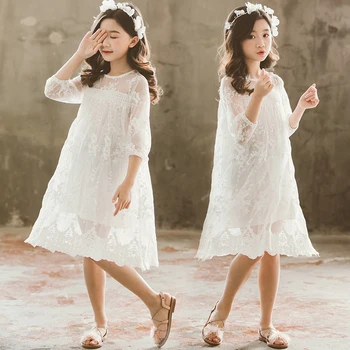 Korejski Čipke Bela Princesa Obleko za Malčka Dekleta Tri Četrtletja Rokav Baby Poletna Oblačila Moda Otroke Lepa Noša
