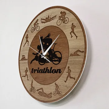 Triatlon Silhuet Teksturo Lesa Z Akrilnim Tiskanja Stenske Ure, Plavanje, Kolesarjenje, Tek Športni Dom Dekor Ura Triatloncev Darilo