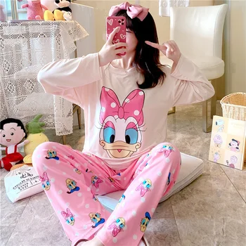Disney Risanke Pižamo Mickey Minnie Šiv Nosijo Živali, Nekaj Sleepwear Bombaža Ženske Kariran Hlače Domov Dolg Rokav Pajama Srčkan