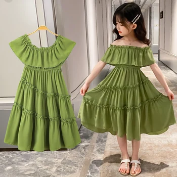 Japonski in korejski baby dekleta oblačenja 4-13 let Šifon brez naramnic rokavi barva šivanje shoulderless otroci obleko