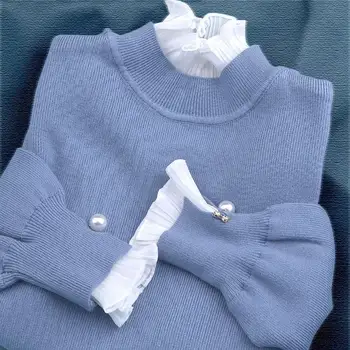 Spomladi in jeseni nove ženske trobenta rokavi pearl sponke čipke ponaredek dva kosa puloverju pulover 2021