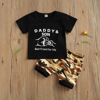 2021 Moda Baby Poletna Obleka Fant 2Pcs Oblačila Obleko Kratek Rokav Krog Vratu T-shirt Vrhovi z Maskirnim Kratek