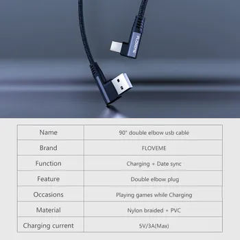 FLOVEME Dvojno 90 Komolec Kabel USB 3A Hitro Igro Polni Kabel Za iPhone 12 11 8 XR Micro USB Tip C Cabo Za Xiaomi Huawei Žice